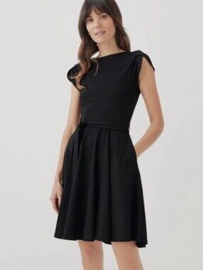 NWT Pact Organic Cotton Fit & Flare Petal Sleeve Dress Black Pockets Large
